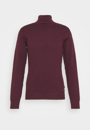 Pull col roulé bordeaux à manches longues avec poignets, ourlet et col côtelés, présentant un motif tricoté subtil en texture.