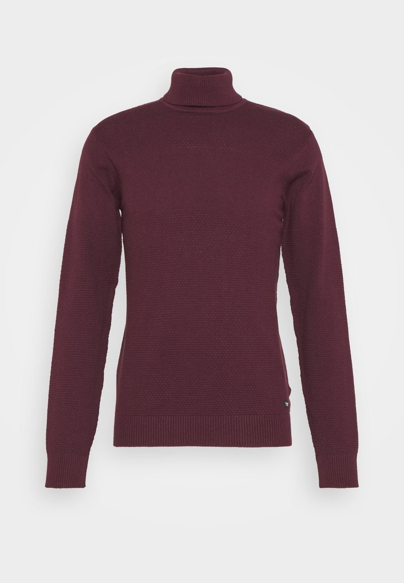 Pull col roulé bordeaux à manches longues avec poignets, ourlet et col côtelés, présentant un motif tricoté subtil en texture.