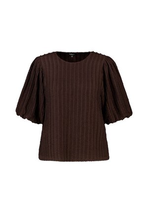 Donkerbruine gestructureerde blouse met opgepofte halflange mouwen en ronde halslijn, medium maat, eenvoudig ontwerp met verticale golvende patronen.
