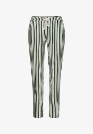 Los pantalones a rayas presentan un patrón en verde y crema, están hechos de una tela ligera, tienen una cintura elástica con cordón y piernas ajustadas.