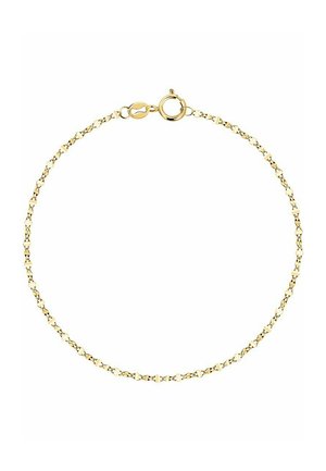 Goldene Kettenarmband mit miteinander verbundenen Gliedern, einer strukturierten Oberfläche und einem Karabinerverschluss. Misst etwa 18 cm in der Länge.