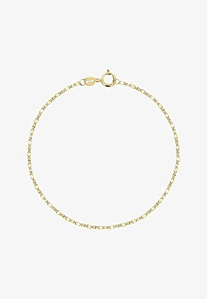 Gouden kettingarmband met in elkaar grijpende schakels, een structuurafwerking en een kreeftsluiting. Meet ongeveer 18 cm in lengte.