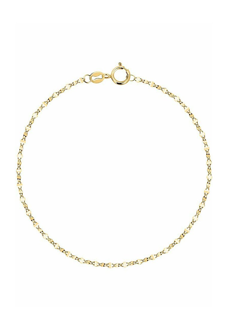 Guldkedjearmband med sammanlänkade länkar, en strukturerad yta och en hummerspänne. Mäter cirka 18 cm i längd.