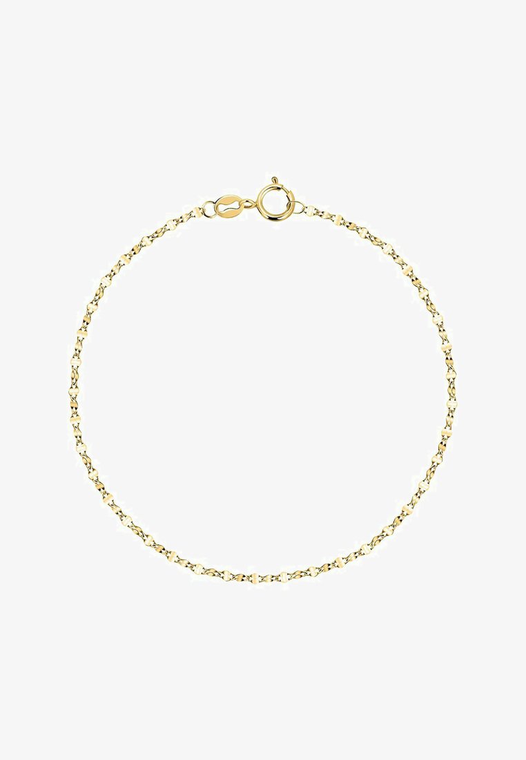 Goldene Kettenarmband mit miteinander verbundenen Gliedern, einer strukturierten Oberfläche und einem Karabinerverschluss. Misst etwa 18 cm in der Länge.