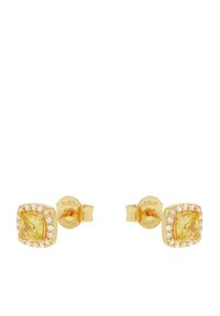 Pendientes de stud en tono dorado que presentan una piedra amarilla central rodeada de pequeños cristales claros, con forma cuadrada, acabado pulido y cierre seguro.