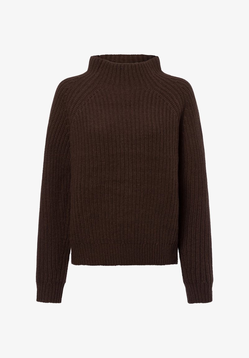 Ruskean neulotun neuletakin, jossa on korkea kaulus, ribbetty pinta ja pitkät hihat. Ominaisuuksiin kuuluu rento istuvuus ja ei näkyviä kiinnityksiä.