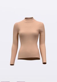 Ribbed long-sleeve top in light beige, featuring a high neck and fitted silhouette. Made of soft fabric with a smooth texture.