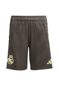 Khaki sportshorts met elastische tailleband, zijzakken en gele Adidas-strepen. Bevat het Real Madrid-logo op het linkerpijp.