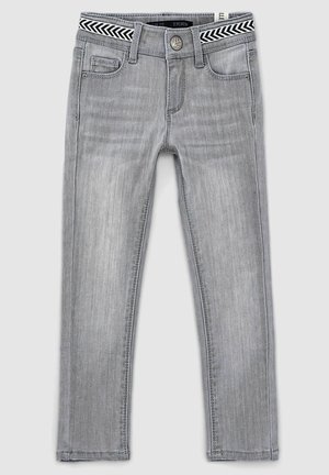 Grau geschnittene Jeans aus Denim mit schmaler Passform, ausgestattet mit einem schwarz-weiß gemusterten Bund, Knopfverschluss und Fronttaschen.