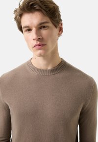 Beiger Kaschmirpullover mit geripptem Rundhalsausschnitt, fein gestrickt und mit figurbetonter Silhouette, der ein glattes und weiches Aussehen zeigt.