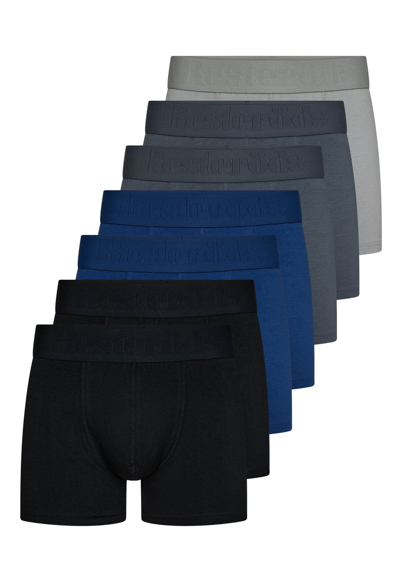 Sarja kahdeksasta shortsista eri väreissä: musta, tummansininen, tummansininen, harmaa ja vaaleanharmaa. Jokaisessa on logo-olkavyö ja puuvillamateriaali.