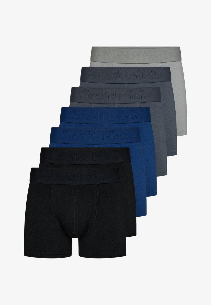 Sarja kahdeksasta shortsista eri väreissä: musta, tummansininen, tummansininen, harmaa ja vaaleanharmaa. Jokaisessa on logo-olkavyö ja puuvillamateriaali.