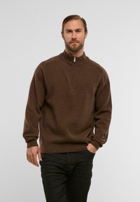 Brauner Pullover mit halbem Reißverschluss aus strukturiertem Stoff, mit gerippten Bündchen und Saum, sowie einem kleinen Logo auf der Brust. Kombiniert mit schwarzen Hosen.