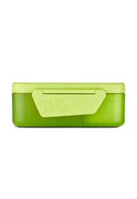 Green plastic container with a lighter green lid, featuring a clip closure and embossed text reading "IT'S UP TO YOU." Smooth texture.