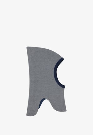 Balaclava lavorata a maglia grigia e blu a righe, con un top arrotondato, viso aperto e aperture per le braccia, caratterizzata da un tessuto morbido e testurizzato e rifiniture in contrasto.