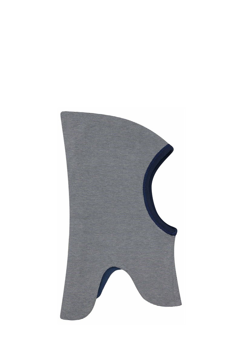 Balaclava lavorata a maglia grigia e blu a righe, con un top arrotondato, viso aperto e aperture per le braccia, caratterizzata da un tessuto morbido e testurizzato e rifiniture in contrasto.