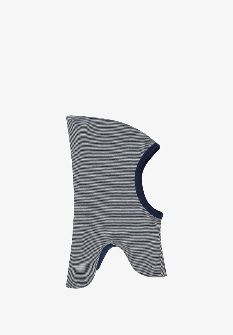 Balaclava lavorata a maglia grigia e blu a righe, con un top arrotondato, viso aperto e aperture per le braccia, caratterizzata da un tessuto morbido e testurizzato e rifiniture in contrasto.