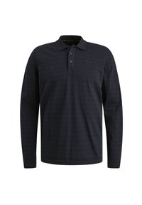 Camisa polo de manga larga en azul oscuro, con un sutil patrón de rayas, tapeta de tres botones y un pequeño logo en el pecho. Tejido suave.