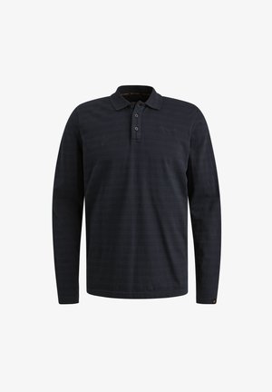 Polo à manches longues de couleur bleu foncé, avec un motif à rayures subtil, patte de boutonnage à trois boutons et un petit logo sur la poitrine. Tissu doux.
