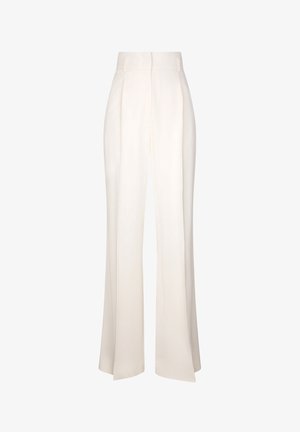 Weite, plissierte Damenhose in hellem Creme, aus leichtem Stoff gefertigt, mit hohem Bund und seitlichen Taschen sowie klaren Linien.