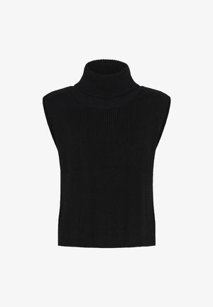 Czarna dziana bezrękawnik o wysokim kołnierzu z prążkowanym wzorem, wyeksponowany na jednolitym białym tle.