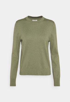 Pull uni vert olive à manches longues avec col rond, poignets et ourlet côtelés, présenté sur fond blanc.