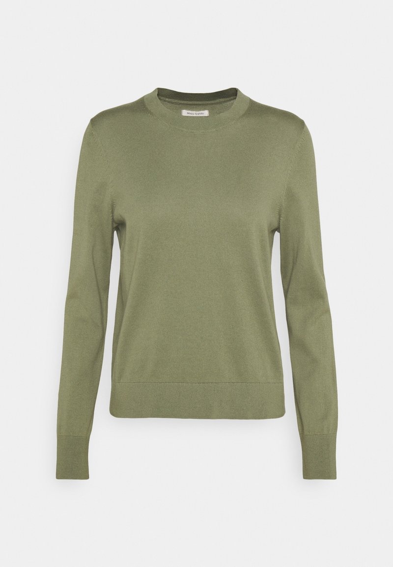 Pull uni vert olive à manches longues avec col rond, poignets et ourlet côtelés, présenté sur fond blanc.