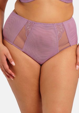 Kalhotky s vysokým pasem v levandulové barvě s průhlednými síťovými panely a krajkovými doplňky po stranách. Hladká textura zajišťující pohodlné nošení.