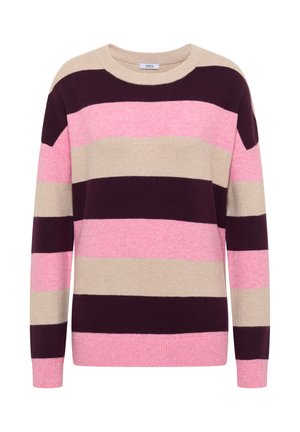 Pull rayé en beige, rose et violet foncé. Il possède un col rond et des manches longues avec des poignets et un bas côtelés. Texture douce.