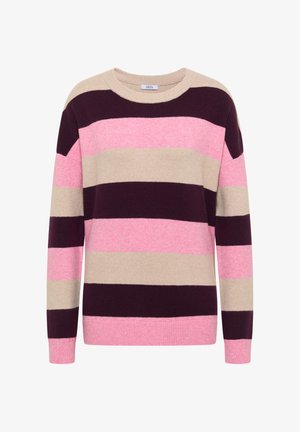 Suéter rayado en beige, rosa y púrpura oscuro. Con cuello redondo y mangas largas con puños y dobladillo de canalé. Textura suave.
