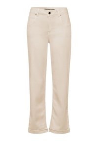 Beige Schlagjeans mit glatter Textur, ausgestattet mit einem normalen Bund, fünf Taschen und umgeschlagenen Säumen. Metallknopfverschluss an der Vorderseite.