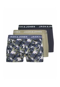 Pack de trois boxers avec un motif floral, dans des couleurs vert olive, gris foncé et noir. Ceintures élastiques avec le logo "JACK & JONES".