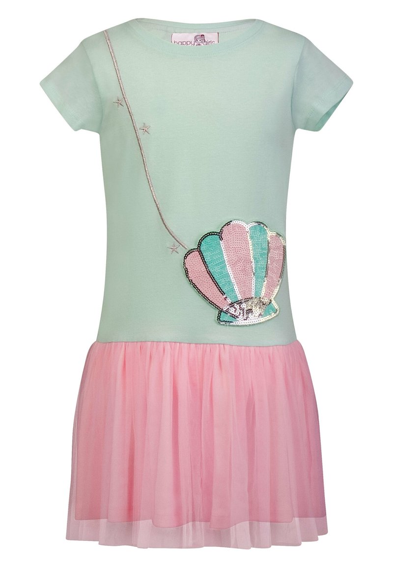 Vestido verde claro con falda de tul rosa. Presenta un diseño de concha con lentejuelas y embellimientos de estrellas plateadas en el corpillo. Mangas cortas.