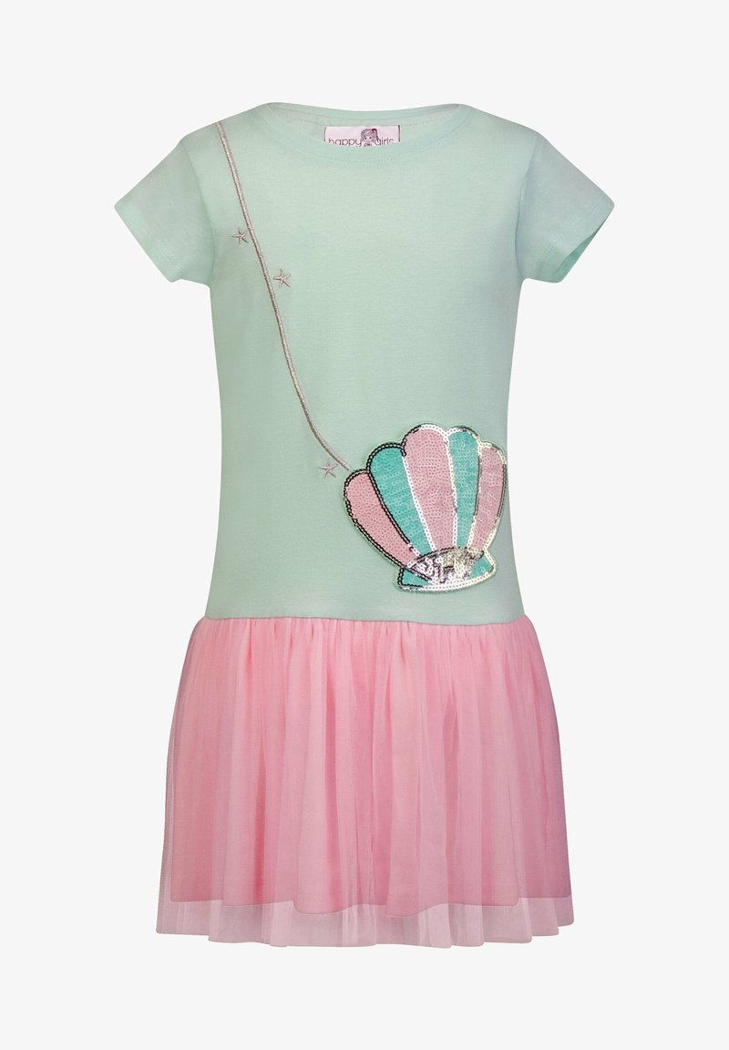 Vestido verde claro con falda de tul rosa. Presenta un diseño de concha con lentejuelas y embellimientos de estrellas plateadas en el corpillo. Mangas cortas.