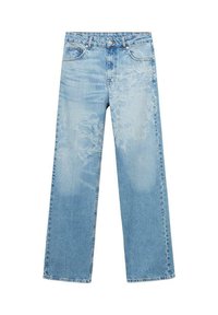 Pantalones vaqueros de mezclilla azul claros con corte recto, que presentan un patrón floral descolorido en la parte frontal, cinco bolsillos y un cierre de botón en la cintura.