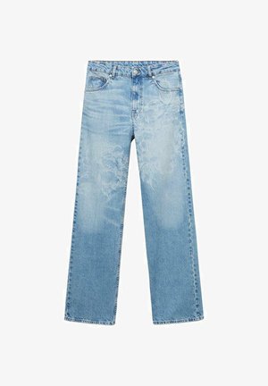 Helle blaue Denim-Jeans mit geradem Schnitt, die auf der Vorderseite ein verblasstes Blumenmuster aufweisen, fünf Taschen und einen Knopfverschluss an der Taille haben.