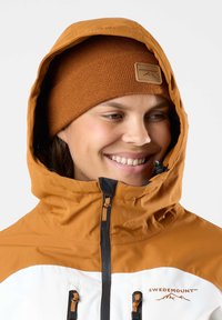 Giacca a cappuccio marrone con la parte inferiore bianca, chiusura con zip e due tasche anteriori. Un berretto lavorato a maglia marrone presenta un logo applicato.