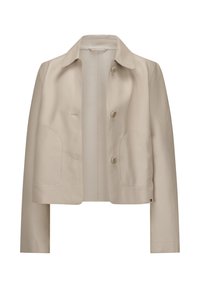 Hellbeige Lederjacke mit Kragen, zwei vorderen Taschen und einer Knopfleiste, mit einer kurzen Silhouette und glatter Textur.