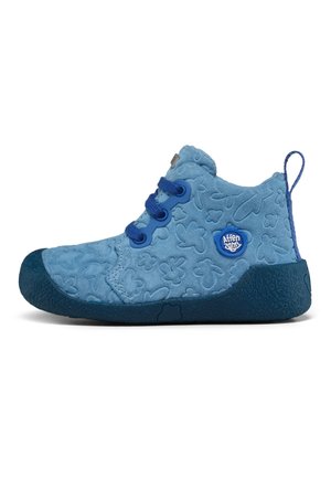 Blauer Kleinkindschuh mit strukturiertem Blumenmuster, dunkelblauer Sohle, drei blauen Schnürsenkeln und rundem Logo an der Seite.