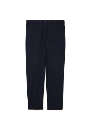 Navyblaue Hose aus glattem Stoff mit einem schlanken Design. Verfügt über einen Knopfverschluss, Gürtelschlaufen und zwei Seitentaschen.