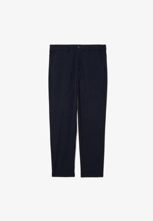 Navyblaue Hose aus glattem Stoff mit einem schlanken Design. Verfügt über einen Knopfverschluss, Gürtelschlaufen und zwei Seitentaschen.