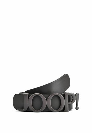 Black leather belt coiled, featuring large dark metal letters spelling "JOOP!" as the buckle on a white background.