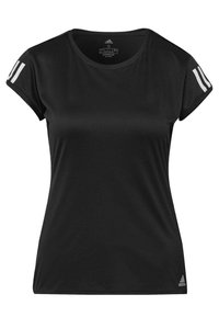 Svart sportt-shirt med korta ärmar, tillverkad av fukttransporterande tyg, med tre vita ränder på båda axlarna och en logo vid fållen.