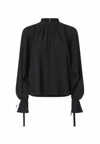 Blusa nera con maniche lunghe a sbuffo, colletto alto e dettagli arricciati. Presenta chiusure con lacci ai polsini e una zip discreta sul retro. Tessuto morbido.