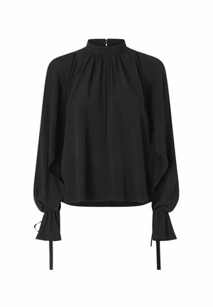 Blusa nera con maniche lunghe a sbuffo, colletto alto e dettagli arricciati. Presenta chiusure con lacci ai polsini e una zip discreta sul retro. Tessuto morbido.