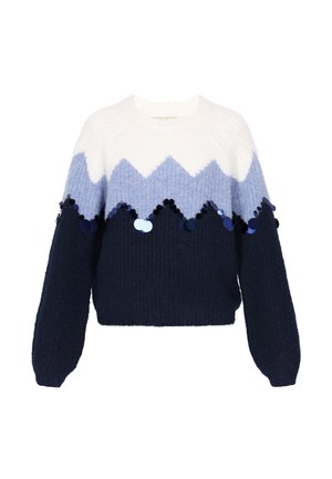 Pulover tricotat alb și albastru cu un model în zigzag; are baza bleumarin, pompoane și un design relaxat, scurt. Țesătură texturată, cu mâneci lungi.