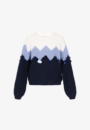 Pulover tricotat alb și albastru cu un model în zigzag; are baza bleumarin, pompoane și un design relaxat, scurt. Țesătură texturată, cu mâneci lungi.
