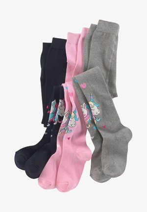 Vier Paar Kindersocken in Pink, Grau und Schwarz, versehen mit Einhornmotiven und Herzen, aus weichem Baumwollstoff gefertigt.