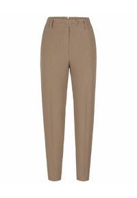 Pantaloni beige su misura con un tessuto liscio, gambe affusolate, vita a media altezza e pieghe frontali sottili per una struttura aggiuntiva.