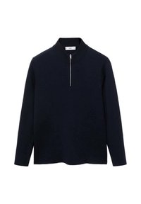 Suéter de marina con mangas largas, cuello alto y media cremallera en la parte delantera. Fabricado con un tejido suave, de corte relajado y con aberturas laterales en el dobladillo.